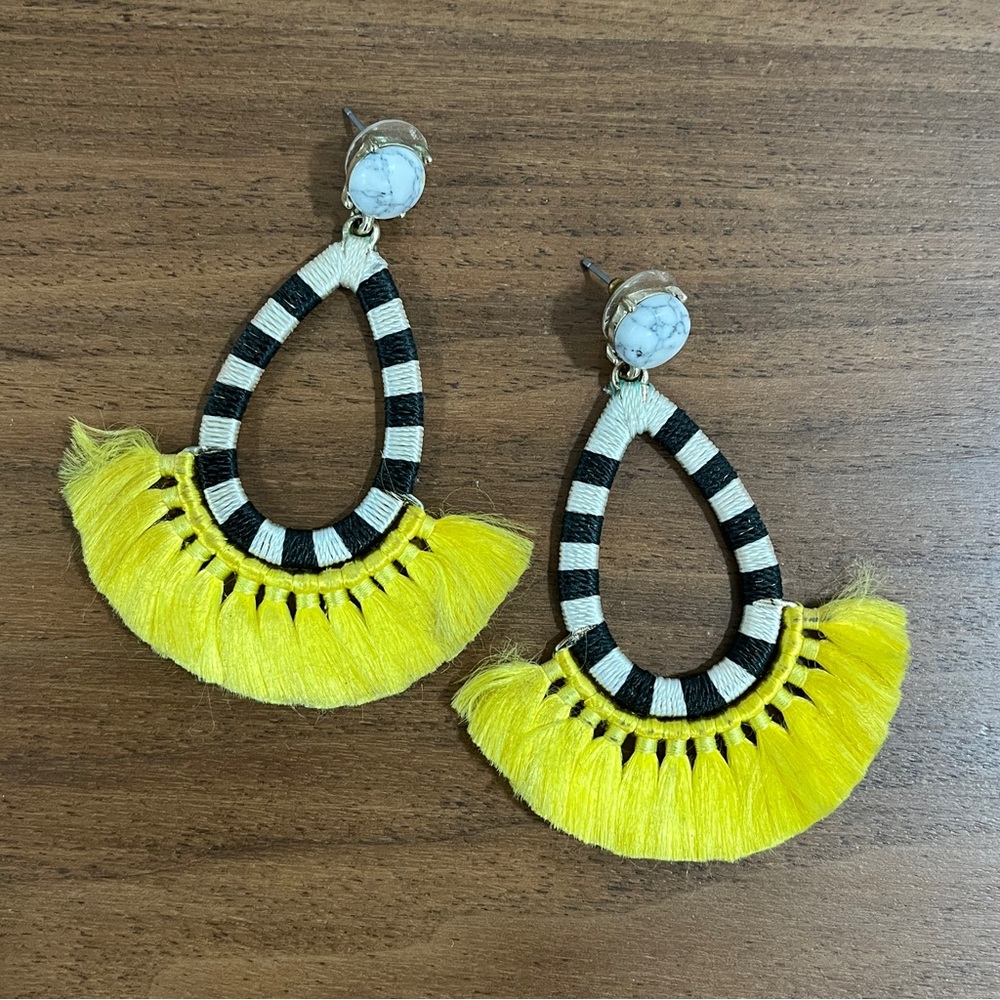 Yellow TEARDROP  Raffia Fringe STATEMENT Multicolor Earrings Gold-Tone